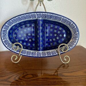 Poland Boleslawiec Polish Pottery Oval Serving Divided Platter Peacock Print 12"